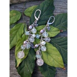 Vintage Sterling Rose Quartz Pearl Earrings, Silver Gemstone Dangle Earrings